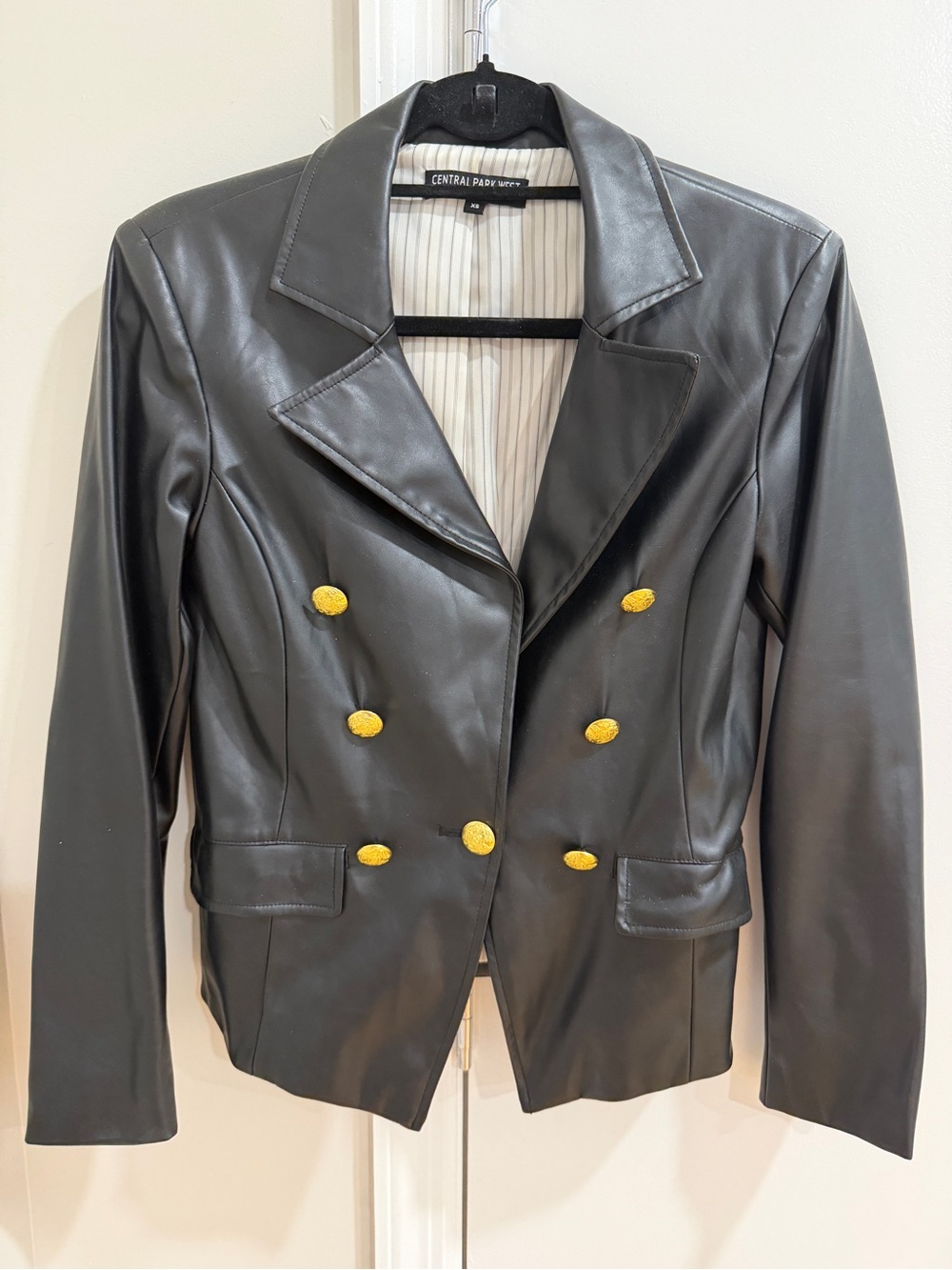 Central Park West Black Leather Double-Breasted Blazer with Gold Buttons